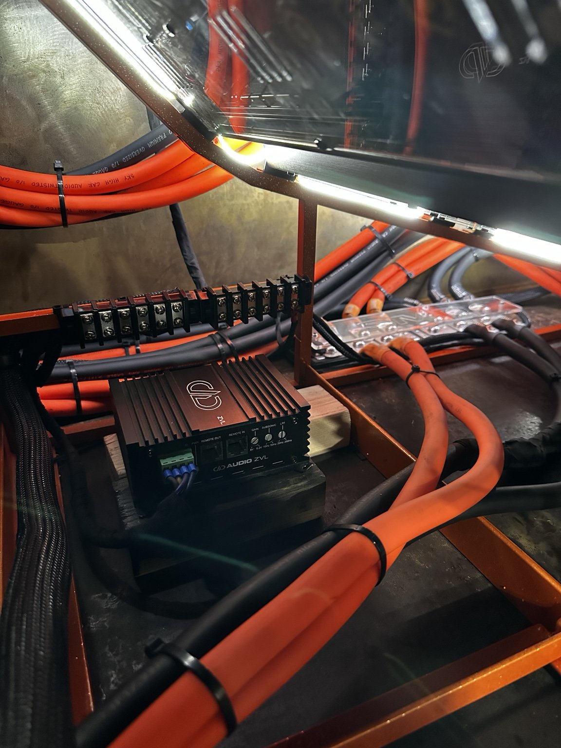 Close-up of audio power distribution and heavy gauge wiring
