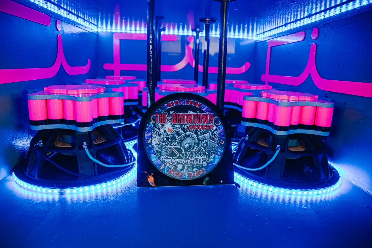 Pink and blue illuminated custom audio installation